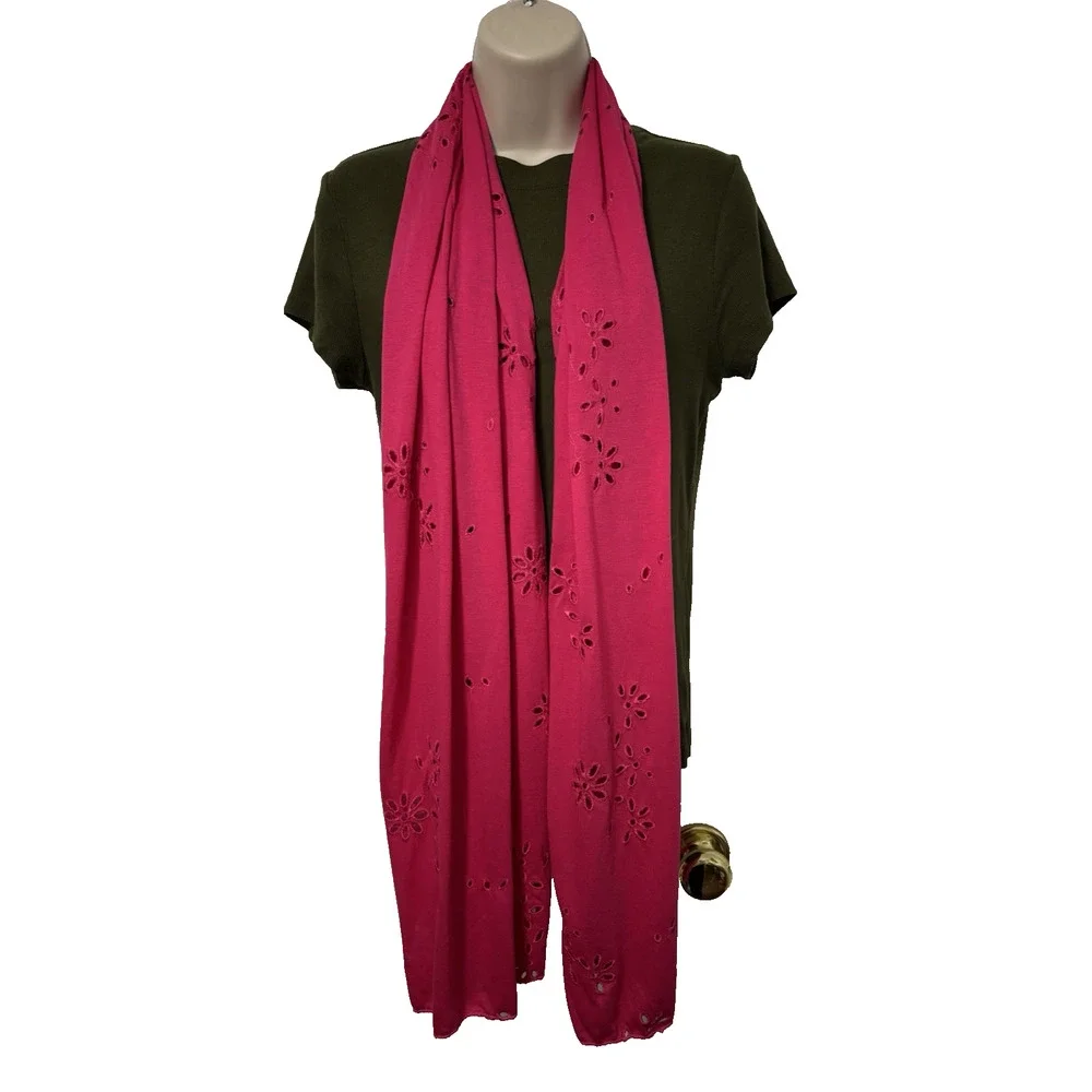 Women's Hot Pink Barbiecore Eyelet Jersey Knit Scarf Vibrant Colorful BOHO‎ Y2K